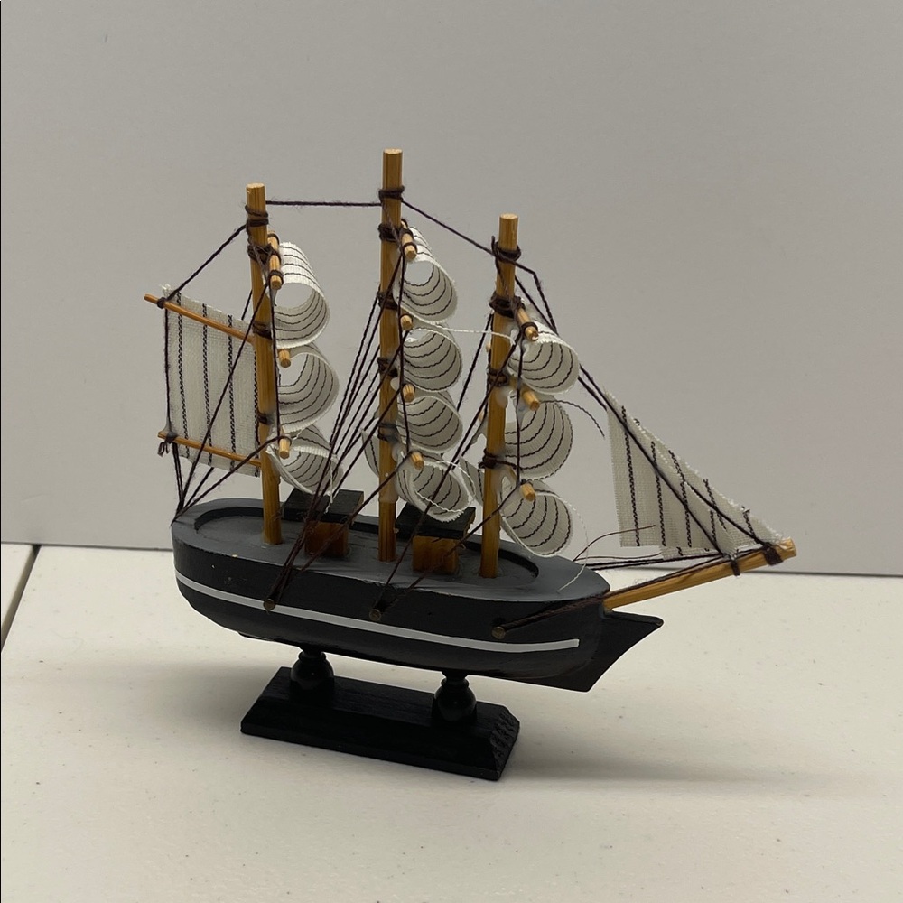 3.5” Wooden Triple Masted Sailing Ship Nautical Decor Model Sailboat Boat